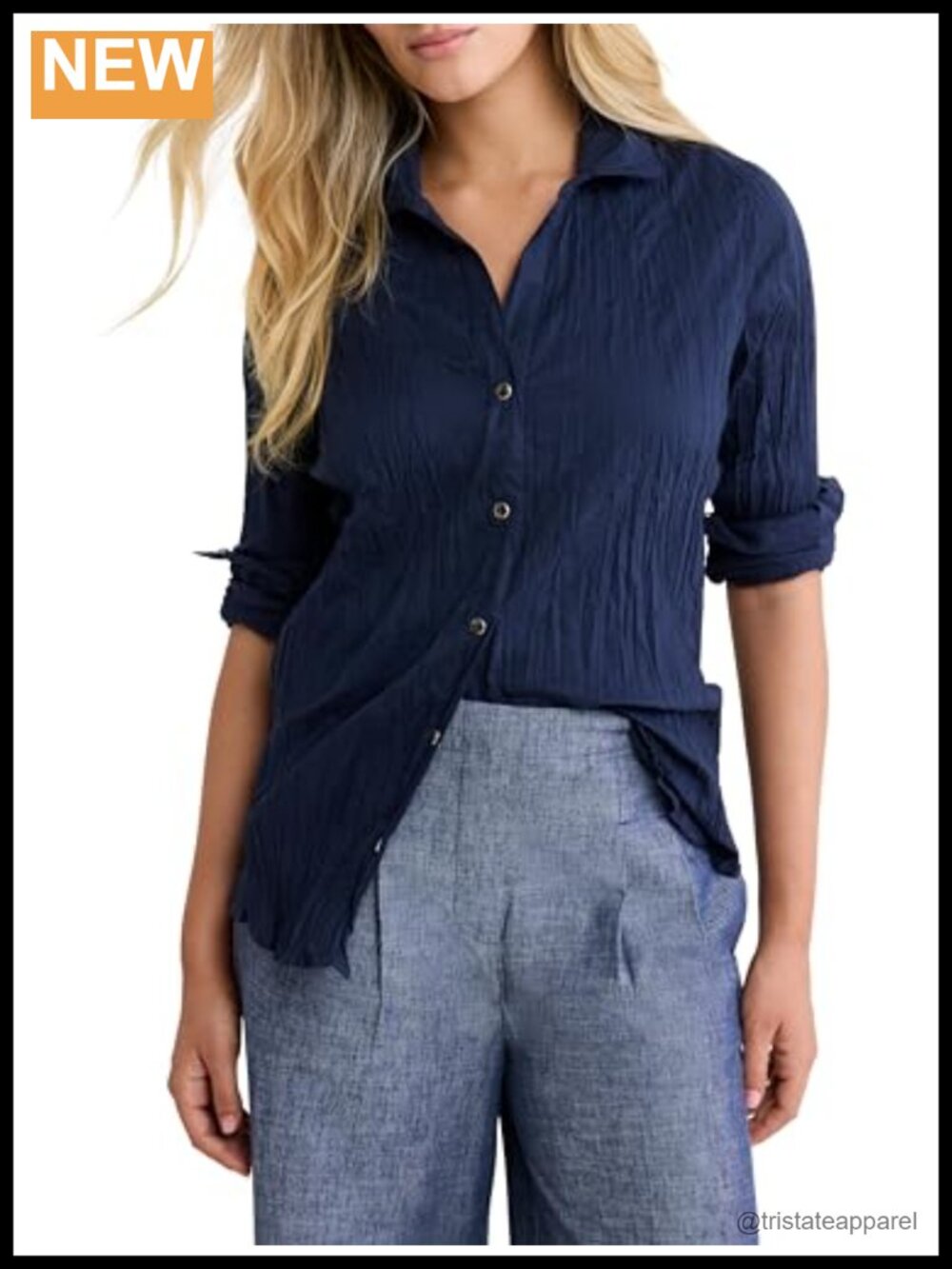 100% Cotton Crinkle Texture Snap Front Long Sleeve Blouse Fitted